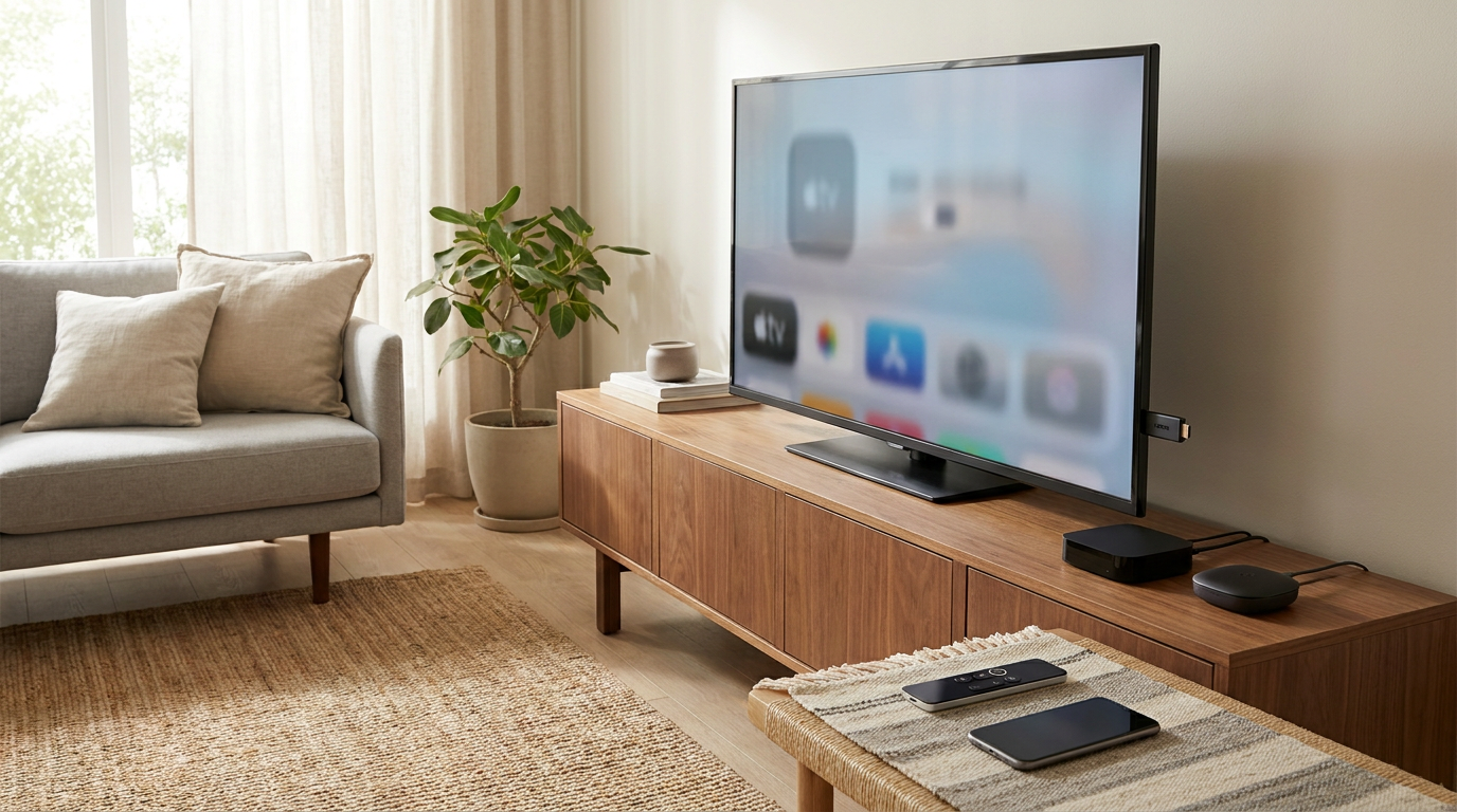 Televisie met verschillende streamingapparaten, een smartphone en afstandsbediening als alternatieven voor Chromecast