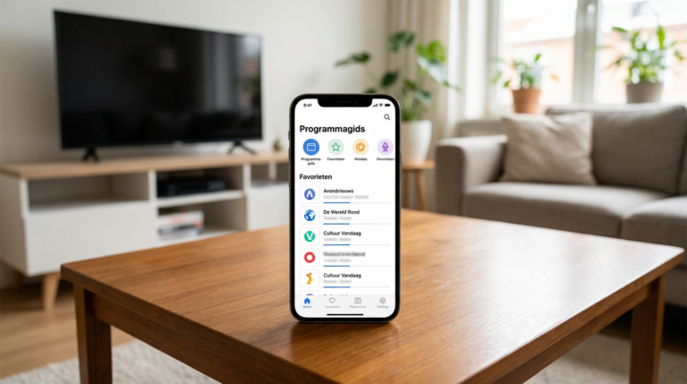 iPhone met een overzichtelijke IPTV-speler en programmagids in een woonkamer