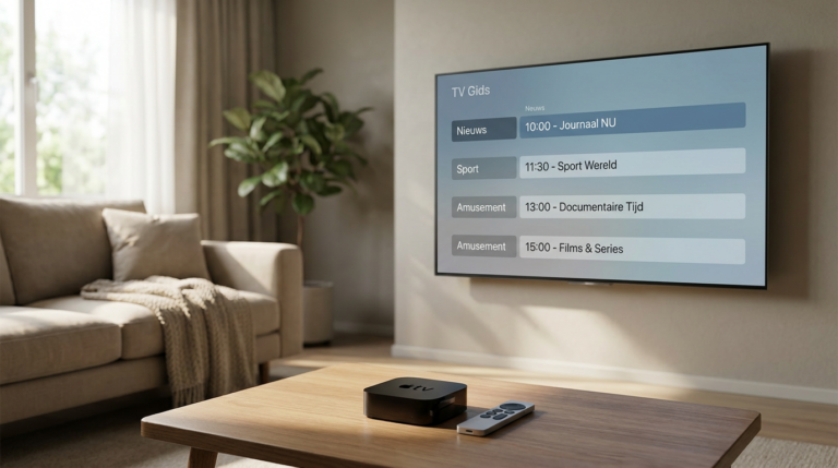 Apple TV met afstandsbediening en een overzichtelijke IPTV-programmagids op televisie