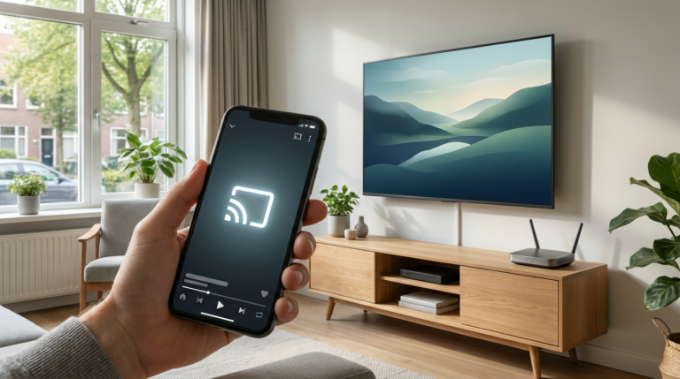 iPhone voor een televisie bij het controleren van een Chromecast-verbinding