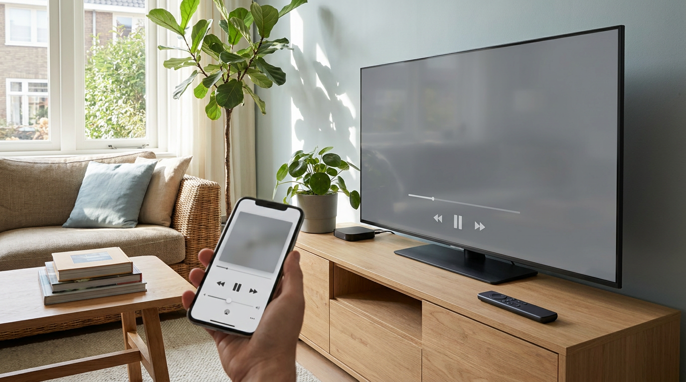 Smartphone met afspeelbediening naast een televisie voor IPTV kijken via Chromecast