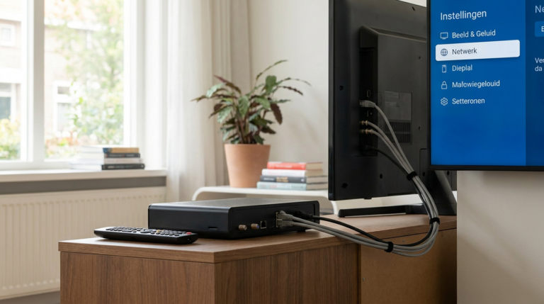 Digitale televisieontvanger met afstandsbediening en aansluitkabels naast een televisie
