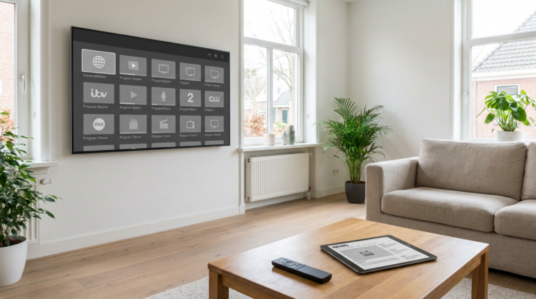 Slimme televisie en tablet voor gratis televisie kijken via internet in een woonkamer