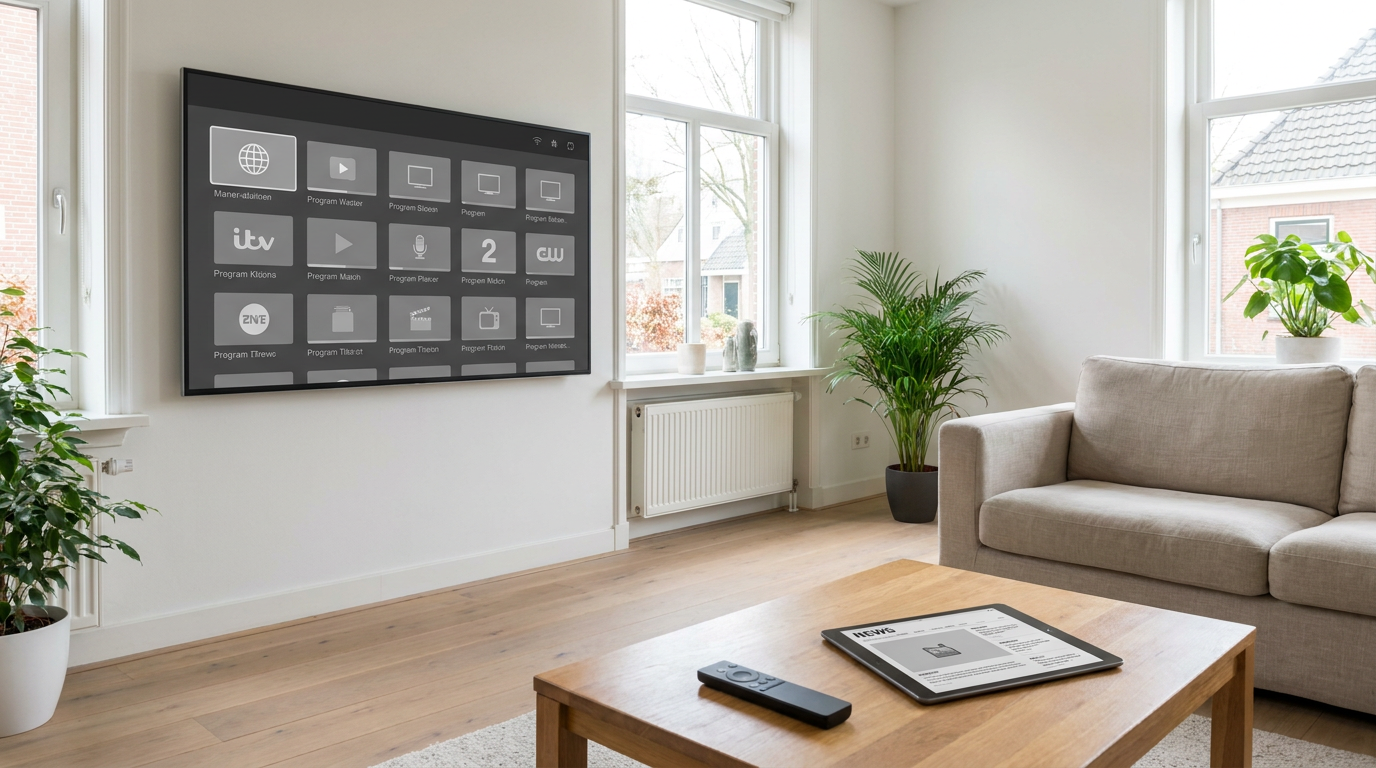Slimme televisie en tablet voor gratis televisie kijken via internet in een woonkamer