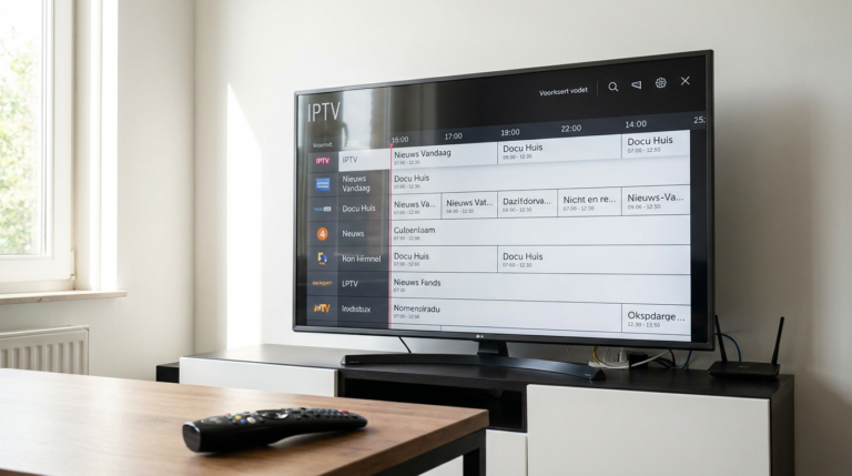 LG Smart TV met een Nederlandstalige IPTV-speler en programmagids in een woonkamer