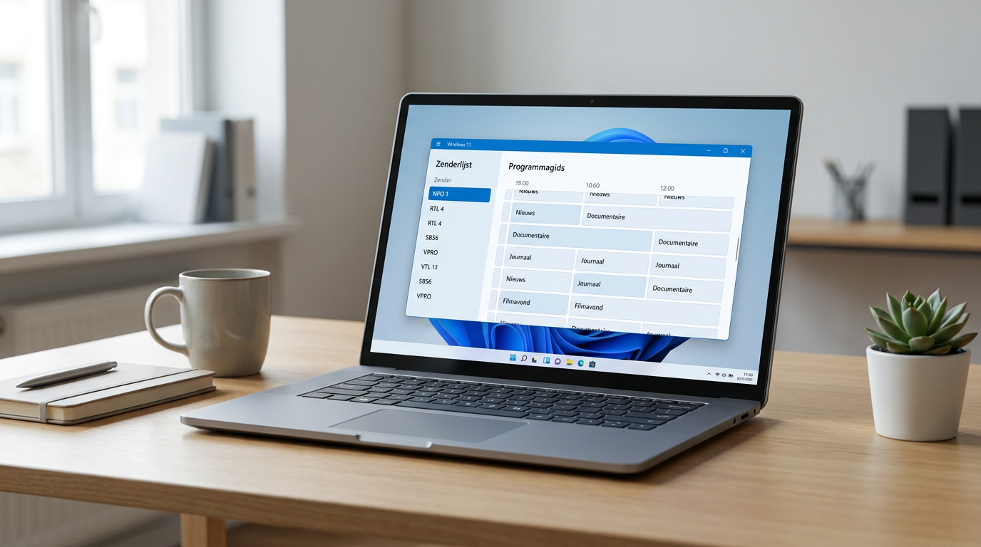 Laptop met een IPTV-speler, Nederlandstalige zenderlijst en programmagids