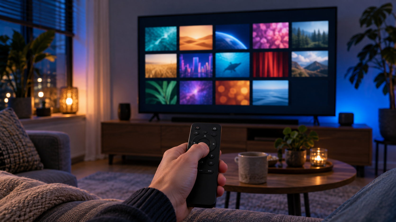 Televisie met een abstract aanbod van films en series in een woonkamer