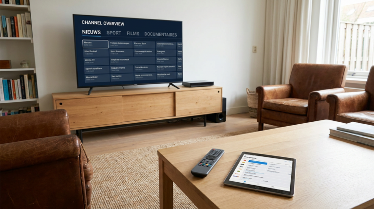 Televisie met een IPTV-kanalenlijst en tablet met een Nederlandstalige programmagids
