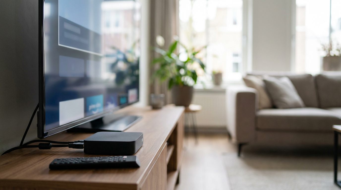 IPTV-kastje met afstandsbediening naast een televisie in een woonkamer