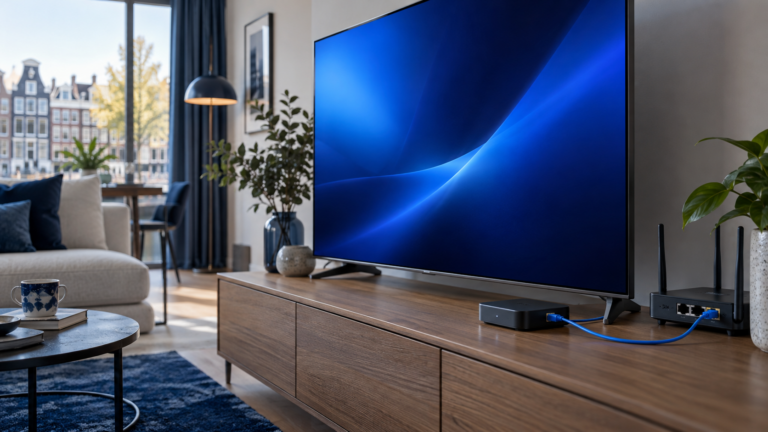 Televisie met IPTV speler en bekabelde internetverbinding in een woonkamer
