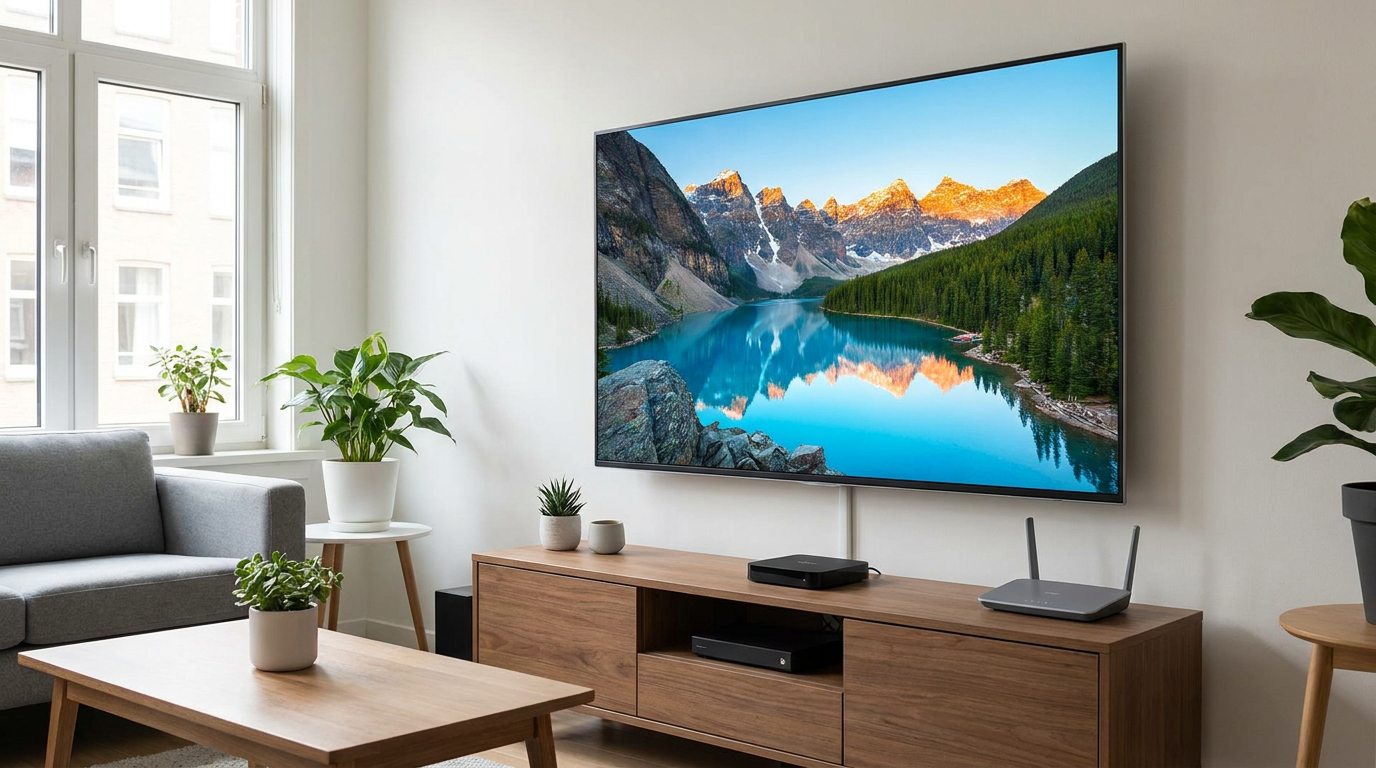 4K-televisie met natuurlandschap en mediaspeler in een moderne woonkamer