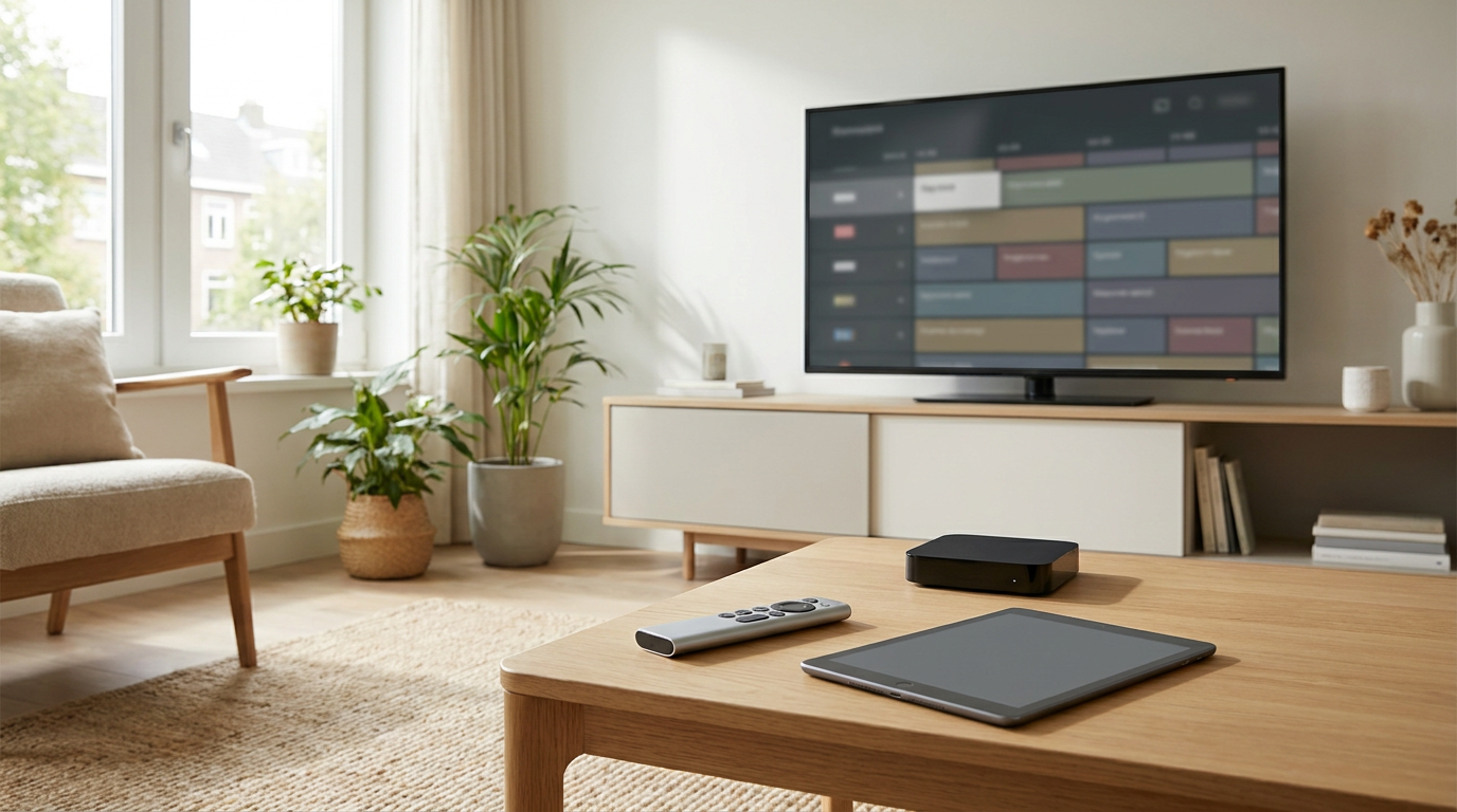Televisie met programmagids, tablet en afstandsbediening in een moderne woonkamer
