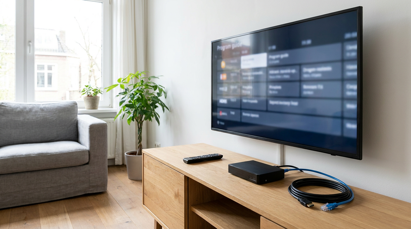Televisie met compacte IPTV-ontvanger, afstandsbediening en kabels voor eenvoudige aansluiting