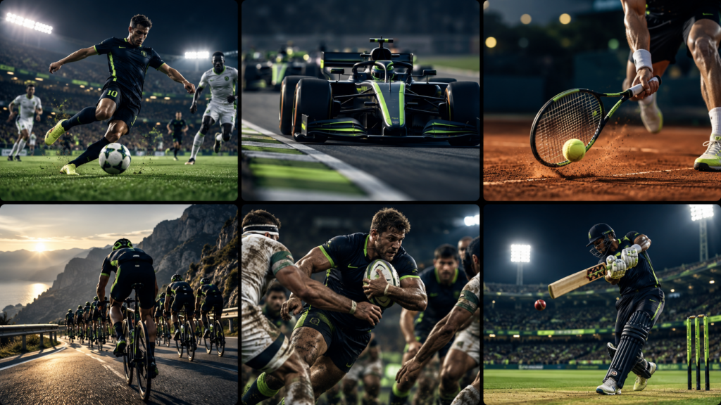 Originele collage van voetbal, autosport, tennis, wielrennen, rugby en cricket