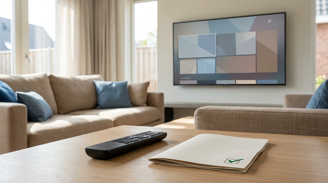 Slimme televisie met een neutraal zenderoverzicht en een afstandsbediening in een woonkamer