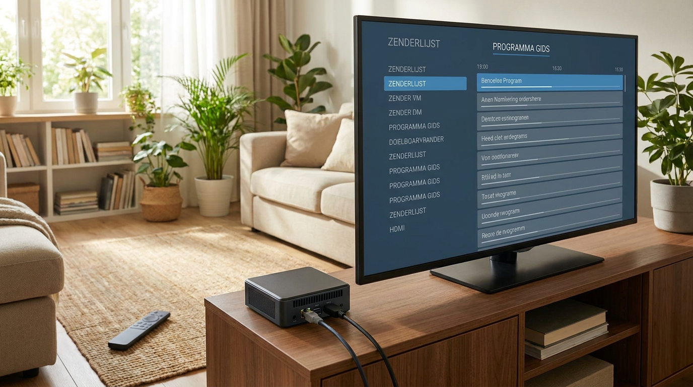 Compacte Linux-box aangesloten op een televisie met IPTV-zenderlijst en programmagids