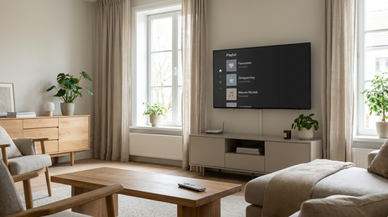 Smart-tv met een generieke IPTV-afspeellijst en een afstandsbediening in een woonkamer