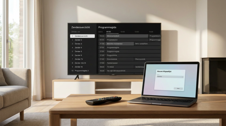 Smart-tv met zenderlijst en laptop voor het configureren van Smart IPTV