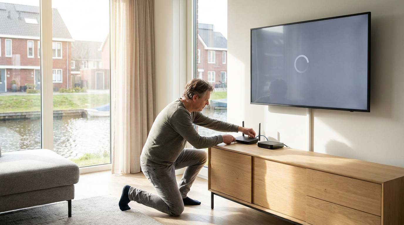 Televisie met laadcirkel en mediaspeler naast een router tijdens het controleren van haperende IPTV
