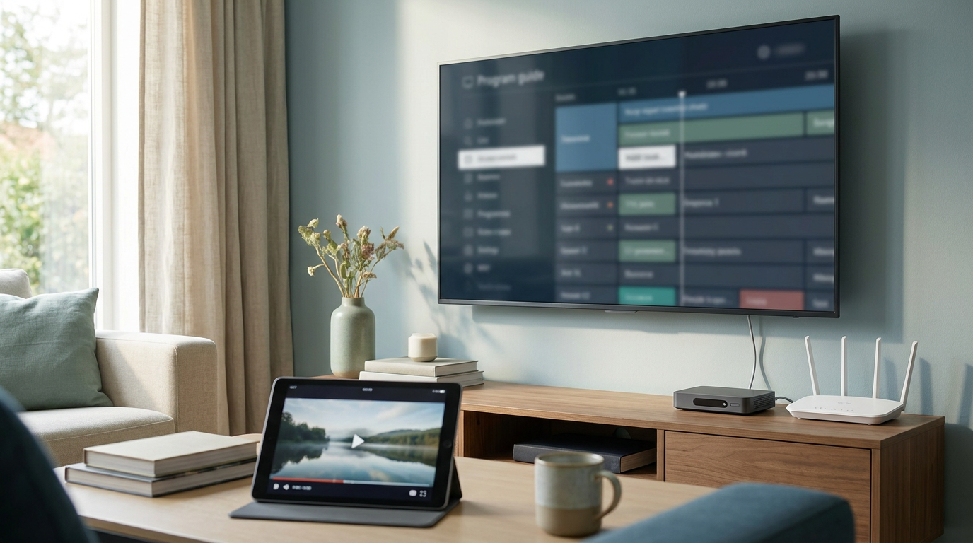 Televisie, ontvanger en router voor IPTV in een moderne woonkamer