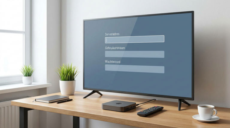 Televisie met Nederlandstalig configuratiemenu voor een IPTV-speler en een Android-mediaspeler